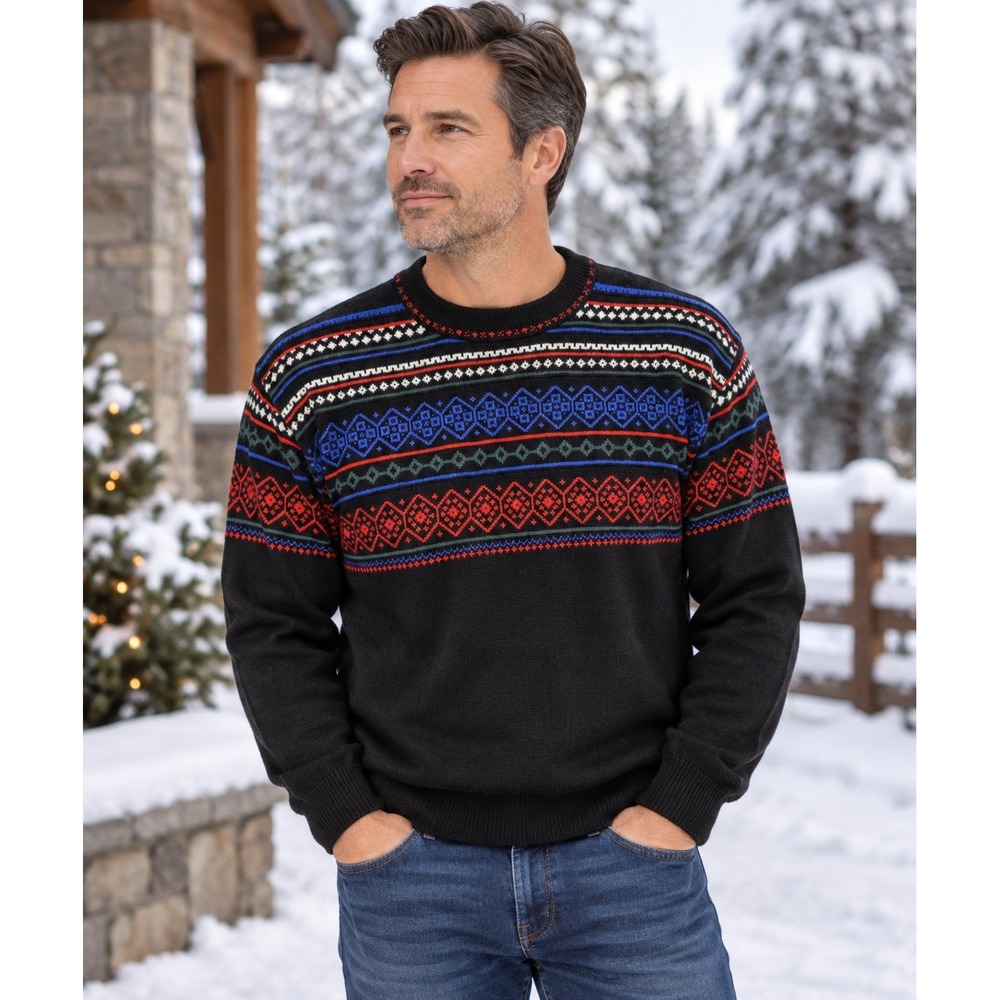 Vintage Meister Fair Isle Nordic Sweater Mens L Black Blue Red Wool Blend Alpine